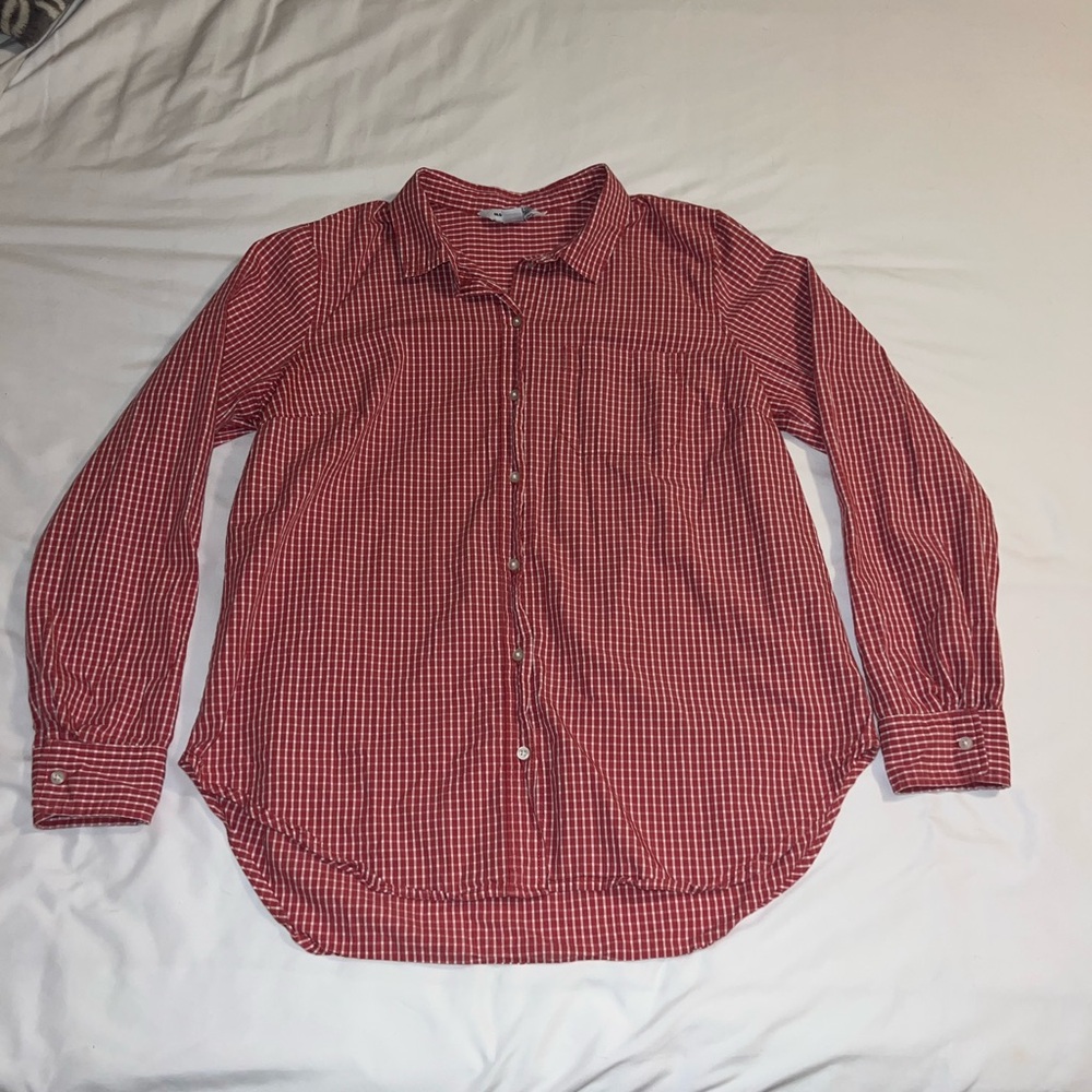 OLD NAVY The Classic Shirt Button Down Shirt Red/White Striped Plaid Cotton